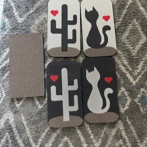 Adorable Neutral & Black Cat Cactus Scratcher Wall Art Pads w/ Red Heart 5 Pack